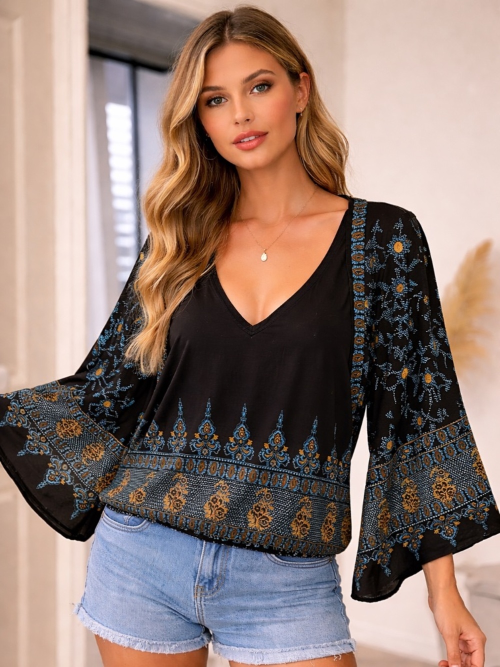 Boho Print Bubble Hem Blouse
